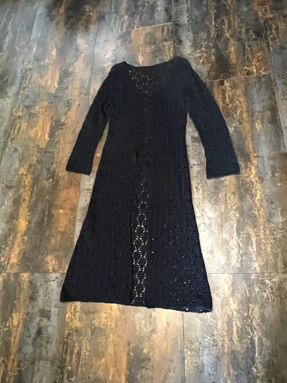 Vintage Handmade Black Crochet Long Sleeve Open Front Duster w/One Rosette, Sz S